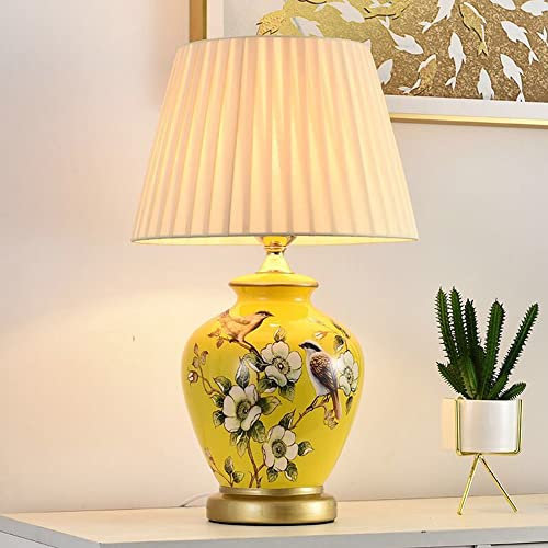 Tischlampe Retro Keramik, Deko Wohnzimmer E27 Tischlampe Vintage Schlafzimmer Warme Stoff Lampenschirm FüR Tischlampe Licht Schreibtischlampe Moderne Art Nachtlampe,Gelb