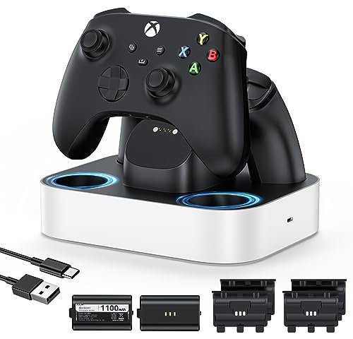 NEWDERY Base de Carga para Mando Xbox, 2 baterías Recargables de 1100 mAh para Xbox One/Series X|S, estación de Carga rápida con 4 Cubiertas de batería, Color Blanco