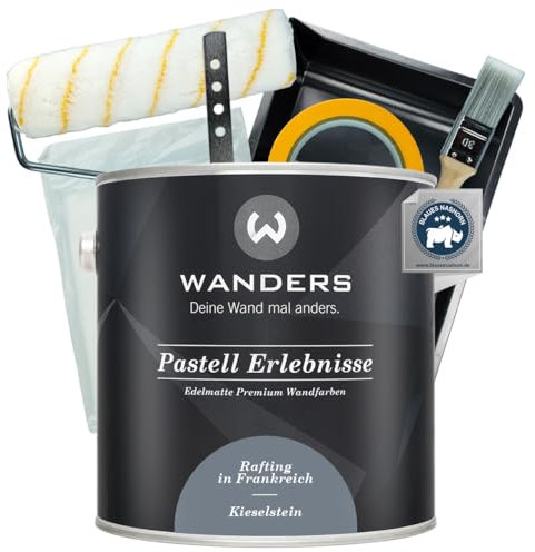 Wanders Pastell Erlebnisse Wandfarbe 2,5L (Kieselstein, Grau) inkl. Streichset Basic – Premium Kreidefarbe, Leichte Anwendung, Hochdeckend, Ultramatt, Perfekt für Heim-DIY