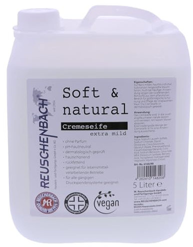 Reuschenbach Vegane Cremeseife Soft & Natural 5L - Extra Milde Handseife für Lebensmittelverarbeitende Betriebe - Dermatologisch Getestet