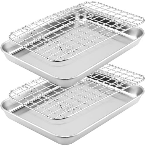 UNGFEI 2 PCS Baking Sheet with Wire Rack, Stainless Steel Cooking Tray with Cooling Rack for Baking Cookie Bread Meat, 9 x 7 x1 Inch