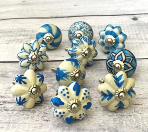 ARTISNO Ceramic Knobs for Cabinets - Set of 10 Decorative White and Blue Round Ceramic Knobs for Home Kitchen Cabinet Drawer | Elegant Handmade Wardrobe and Dresser Pulls