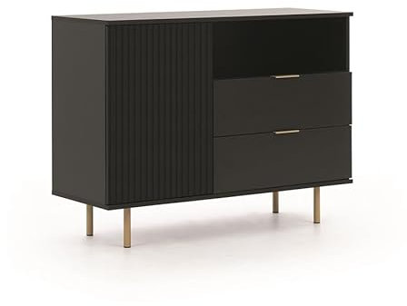 BETTSO - Kommode Schwarz - Kommode mit Schubladen und Tür - 107cm breit, 80cm hoch - Goldene Beine und Griffe, dekorative Rillen - für Wohnzimmer, Schlafzimmer, Flur