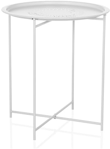 hjh LIVING Beistelltisch rund, Kleiner Couchtisch ALLRUND Metall Balkontisch Ablagetisch, Gestell klappbar, Weiß