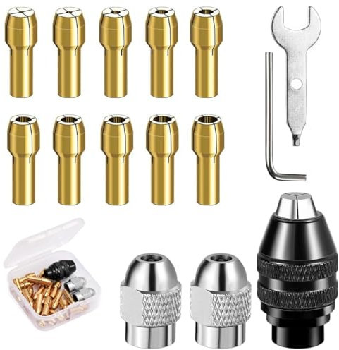Chuck Collet Kit, 15 Pcs 0.8-3.2mm Keyless Drill Chuck Collet Kit, Multi Chuck Set for Rotary Tools, with Metal Nut and Wrench, Multi Chuck Set for Dremel