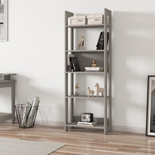 Hanah Home Stylish Grey Bookshelf, 64 cm x 180 cm x 30 cm | 100% Melamine Coated Particle Board, 18 mm Thick | Wall-Mountable with Numerous Shelves, Modern Design