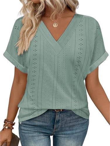 iChunhua Casual Short Sleeve Shirts Women V Neck Eyelet Tops Basic Plain Soft Summer Clothes 2025 Trendy Green XL