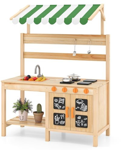 DREAMADE Cuisine de Boue en Bois Extérieur, Cuisine Enfant 3+Ans avec Auvent et Accessoires de Cuisine, Évier Amovible, 4 Plaques de Cuisson, Tableaux Noirs