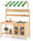 DREAMADE Cuisine de Boue en Bois Extérieur, Cuisine Enfant 3+Ans avec Auvent et Accessoires de Cuisine, Évier Amovible, 4 Plaques de Cuisson, Tableaux Noirs