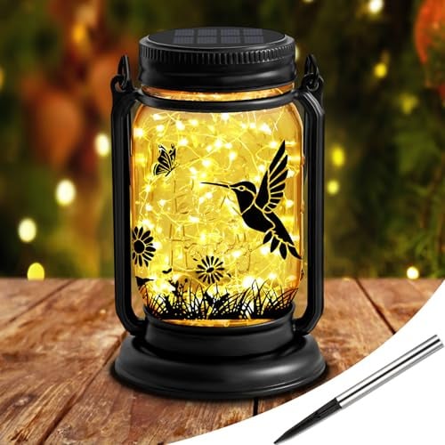 YJFWAL Kolibri Solar Outdoor Laternen wasserdicht, Kolibri für Frauen Weihnachtsmutter, 3-in-1 Maurer Glas hängende Laternen mit Stake, Garten Dekor Lichter für Patio Hof Veranda Rasen Balkon