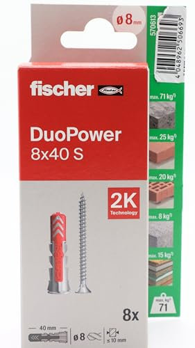 fischer - Duopower 8x40 Con Tornillo - 8U, Tacos para pared multimaterial, sirven para Colgar Bicicletas, Cuadros, Armarios, Soportes de Televisión, Estanterías, Muebles.