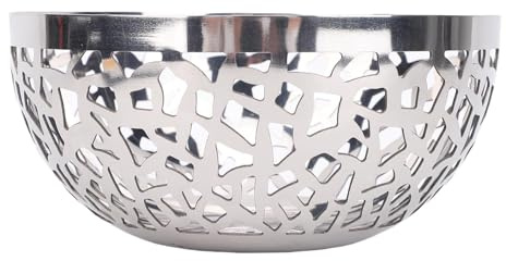 RIZGHWOY Fruit Bowl Basket, Hollow Stainless Steel, 22 cm Wide Open | Rustproof metal, countertop produce storage, modern decor, for kitchen home office outdoor, wide opening