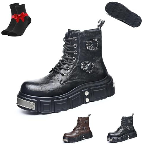 Kirposh Stivaletti da uomo in stile punk gotico, stivaletti da combattimento con lacci e cerniera laterale, stivali con plateau in pelle, altezza antiscivolo(Black,44 EU)