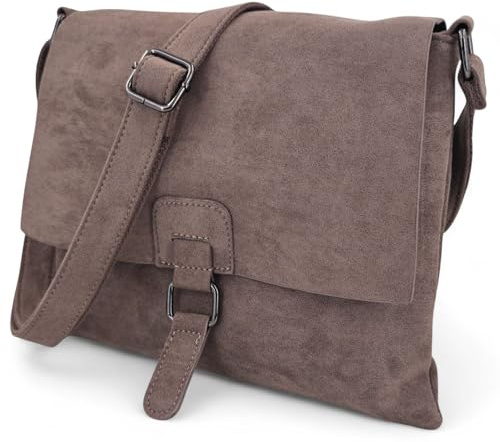 styleBREAKER Damen Umhängetasche samtige Schultertasche | Crossbody Bag mit Umschlag, Magnetknopf, Reißverschluss & verstellbarem Gurt 28,5 x 25 cm, Farbe:Taupe
