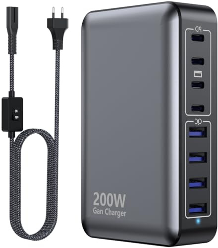 Chargeur USB-C 200 W, hub de Charge Rapide GaN à 8 Ports, Adaptateur PD 65 W pour Ordinateur Portable, Compatible avec MacBook Pro/Air, Dell, Steam Deck, iPhone 16/15/14, Galaxy S24 (Noir)