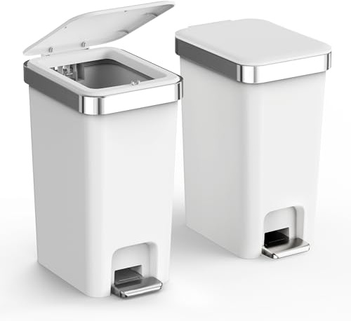 accep 2 Pack Slim Bathroom Trash Can with Lid, 10L/2.6 Gal Small Trash Bin Soft Close, Press Top Lid & Step Metal Pedal Diaper Trash Can, Grayish-White Plastic Wastebasket for Toilet, Office, Bedroom