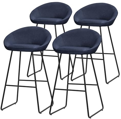 ML-Design Lot 4 Tabourets de Bar en Tissu Bleu Foncé, H 75 cm, Chaises de Comptoir Rembourrées, avec Dossier et Repose-Pieds, Piètement Métal Robuste, Sièges Hauts Confortables Cuisine Îlot Bistrot