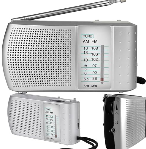 Retoo Tragbares Radio AM FM SW, Batteriebetrieben, Silber, 130 x 70 x 35 mm | 2,5 Zoll Lautsprecher, drehbare Teleskopantenne, 3,5-mm-Kopfhörerbuchse, 2x AA, Aufhängeschnur