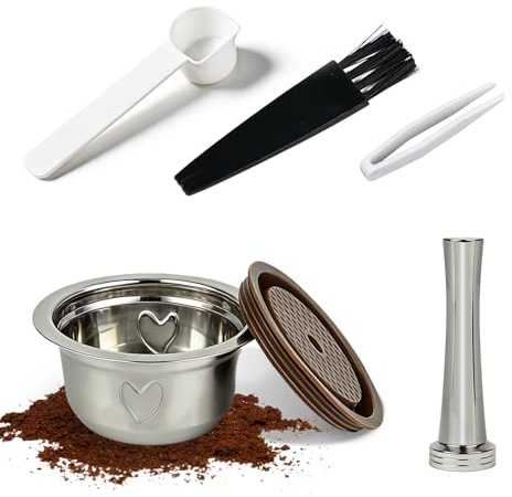 RAWILL Reusable Coffee Pods Kit, 230ml Stainless Steel Coffee Capsule with Silicone Lid, Spoon, Brush, Coffee Tamper, Tweezers, Compatible with Nespresso Vertuo Machines