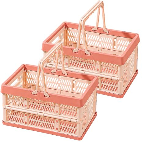 Kleine Klappboxen Faltbar, 2er Set Klappkorb mit Henkel 10L, Rosa | Klappkiste Plastik als Einkaufskorb Picknickkorb Wäschekorb und Kofferraum Organizer