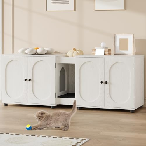Cat Litter Box Enclosure for 2 Cats, 140cm Large Hidden Litter Box Furniture, Double Cat Litter Tray Cabinet with Storage, Hidden Boho Rattan Cat House & Enclosure, Wooden Cat Toilet Cupboard TV Stand