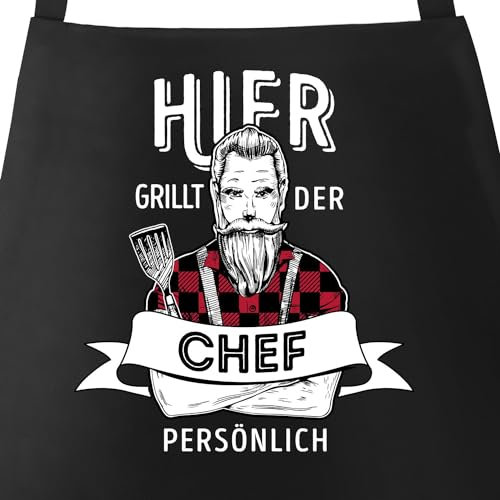 MoonWorks® Grill-Schürze für Männer mit Spruch Hier grillt der Chef persönlich Spruch Hipster Grillen Baumwoll-Schürze Küchenschürze schwarz unisize