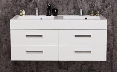 Quentis Badmöbel | Doppelwaschplatz ARUVA, Breite 120/140/ 160 cm, weiß glänzend, 4 Schubladen, Unterschrank montiert (weiß glänzend, Breite 120 x Höhe 52 x Tiefe 50 cm)