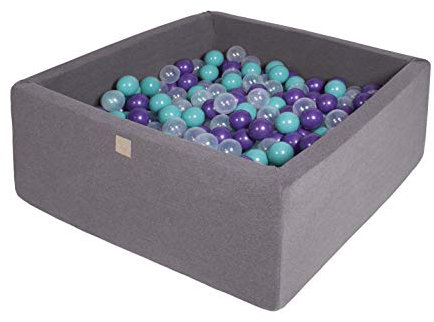MEOWBABY Piscina de Bolas 90X90X40cm/300 Bolas ∅ 7Cm Piscina de Bolas El Cuadrada Certificada para Niños Hecha en EU Gris Oscuro: Turquesa/Púrpura/Transparente