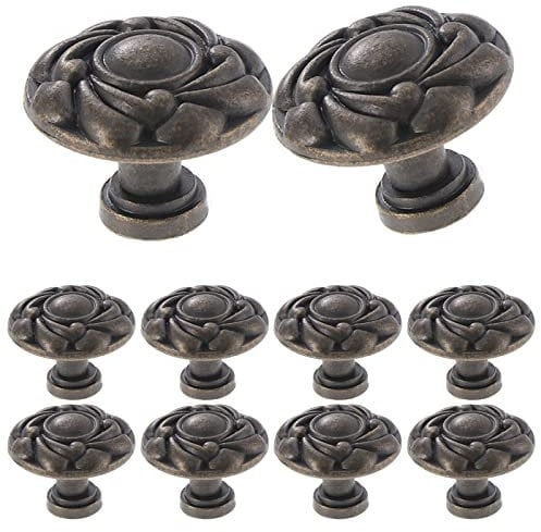 TsunNee 12PCS Vintage Cabinet Drawer Knobs, Chic Carved Kitchen Cupboard Handles, Antique Style Round Furniture Door Knobs, Bronze