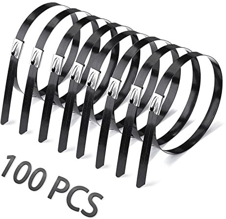 Helunsi 100 Pcs Metal Zip Ties 30cm / 11.8 Stainless Steel Cable Ties, Heavy Duty Self Locking Multi-Purpose, Suitable for Fixed Indoor Outdoor Exhaust Wrap Farms Pipes Cables and Fence - Black