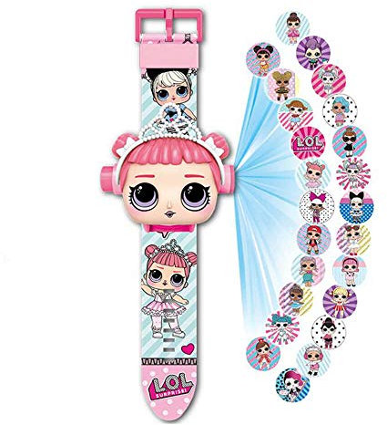 Armbanduhr mit 20 Figuren, Puppe, elektronische Uhr, Kinder, Mädchen, Projektion Spielzeug, Rosa, Riemen