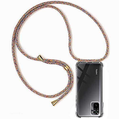 Handykette Hülle kompatibel mit Xiaomi Redmi Note 10 4G / Redmi Note 10S, Handyhülle Handy Necklace Hülle mit Band Schutzhülle Kordel zum Umhängen Transparent Weich TPU Silikon Tasche, Rainbow