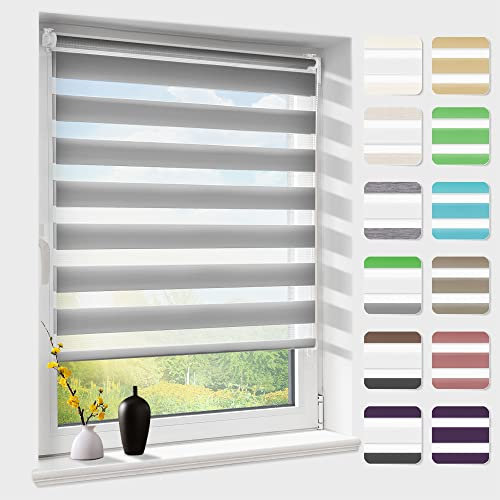 Doppelrollo klemmfix ohne Bohren, Duo Rollos für Fenster & Tür mit Bohren, Version 2025 Grau B60 x H200cm (Stoffbreite 56cm), Fensterrollo lichtdurchlässig & verdunkelnd, Klemmrollo Sonnenschutz
