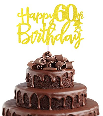 Happy 60th Birthday Cake Topper in Glitter Card,Happy Birthday Cupcake Toppers Gold 60th Birthday Party Decor,Glitter Cake Decoration for Birthday Anniversary Party Decorations(60th, Gold)