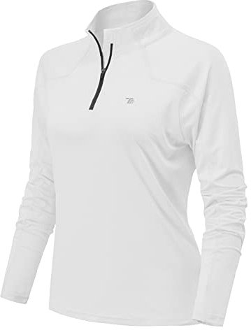 YSENTO Damen Laufshirt Langarm Sportshirt Schnelltrocknend Atmungsaktiv Yoga Gym Funktionsshirt mit 1/4 Reißverschluss(Weiß,S)
