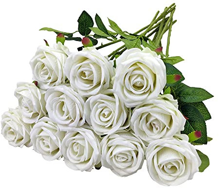 通用 Sepikvin 12 Stück Künstliche Rosen, Lebensechte Samtblumen mit Langem Stiel Künstliche Rosen für Hochzeitsstrauß Zuhause Party Büro Mittelstücke Hotel Blumenarrangements Dekoration (Elfenbeinweiß)