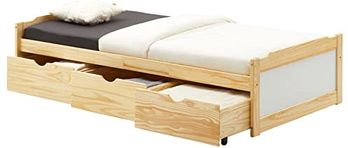 IDIMEX Bett MIA aus massiver Kiefer in Natur/weiß, schönes Funktionsbett mit 3 Schubladen, praktisches Jugendbett mit Liegefläche 90 x 190 cm