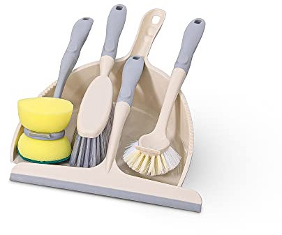 K-ONE Cleaning Kit House Office 5-in-1 Dustpan, Dustpan Broom, Pot Brush, Sponge Dish Brush and Window Cleaner All in One Cleaning Set