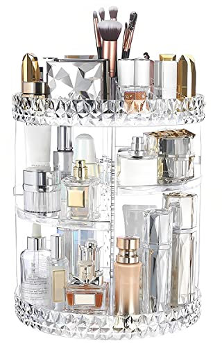 3 Tiers Rotating Makeup Organizer with Compartment 360° Rotating Makeup Stand Display Case Large Capacity Cosmetic Display Box Clear for Dresser Bathroom Skincare,Lipsticks,Makeup Brushes