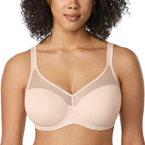Delimira Women's Full Coverage Lightly Padded Bra Underwire Mesh Support Comfort T Shirt Bra Beige 34E