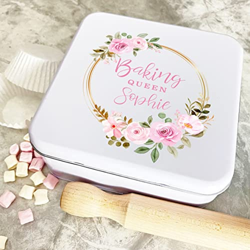 Fingerprint Designs Personalised Square Watercolour Baking Queen Biscuit Treats Sweets Cake Tin