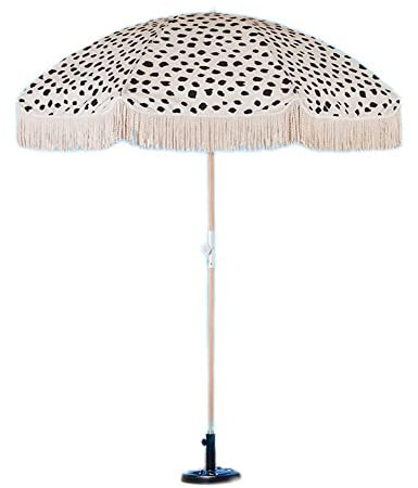 ATAAY Outdoor-Strandschirm aus Holz, neigbar, wasserdicht, mit Fransen, 2 m, Faltbarer Boho-Garten-Sonnenschirm, Terrassenschirm für Rasen/Terrasse/Pool, mit Tasche