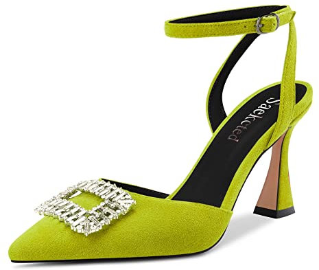 Saekcted Mujer Chunky Ancho Alto High Heel Puntiaguada Punta Sandalias Correa Tobillo Cierre con Hebilla de Boda Dress Zapatos Verde Lima 39 EU