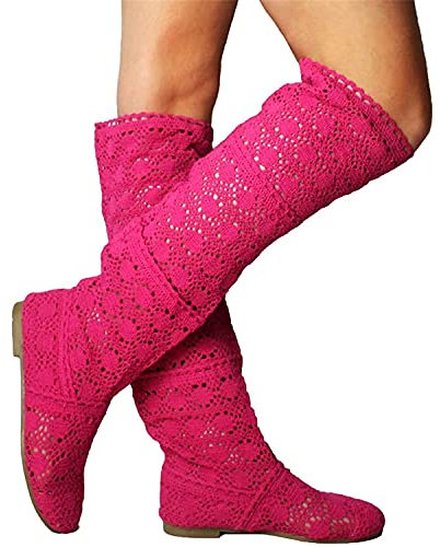 ORANDESIGNE Donna Ricamo Stivali Estive Traspirante Stivali Elegante Sandali Tinta Unita Stivali Piatti Testa Rotonda Stivali Alti Stivali da Cavaliere A Rose 41 EU