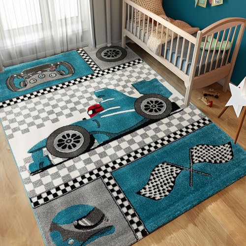 Carpettex Kinderteppich Rennwagen Design Blau 140 x 200 cm - Kurzflor Teppich Kinderzimmer für Mädchen und Jungen Pflegeleicht Weich - Waschbarer Spielteppich Babyteppich Gaming Teppich Babyzimmer