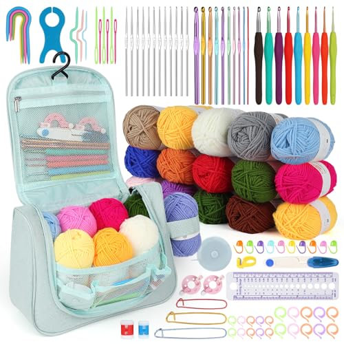 Aeeque Häkelset für Anfänger mit Ergonomisch Häkelnadel, Häkelnadel Set mit Acryl Wolle, Häkelset zum Häkeln Socken, Schals, Pullover, Decke, Bunte Häkelset für Arthritis mit Zubehör
