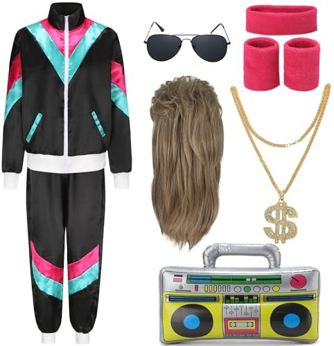 FOVER 80er Jahre Outfit Herren 80er 90er Jahre Accessoires Damen Kostüm Trainingsanzug Pop Art Retro Stil mit Perücke Aufblasbares Radio Schweißband für Mottoparty Fasching Schwarz 027XXL