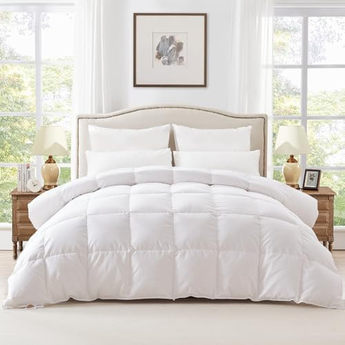 ELEMUSE Bettdecke 135x200,Ganzjahresdecke 135x200,Ganzjahres Daunendecke, Füllung aus 70% Daunen und Federn, 30% Kapok, Bezug aus 100% Baumwolle, Luxuriöse Bettdecken Oeko-TEX(135x200 cm, Weiß)