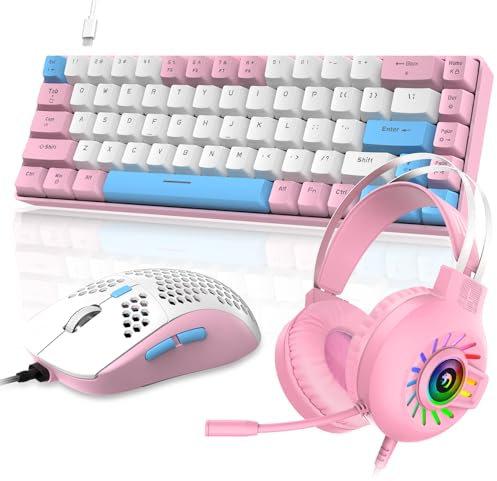 MANBASNAKE 60% RGB Gaming Keyboard and Mouse and Gaming Headset,Wired Mechanical Keyboard,68 Keys TKL Compact Mini Layout,Honeycomb RGB Gaming Mouse,Up to 6400DPI,for PC MAC PS5 Xbox,Pink