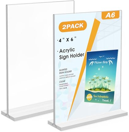 Flow fire A6 Acrylic Sign Holder, 2 Pack, T-Shaped Table Menu Display Stand | Clear Double Sided Display, for Posters, Price Lists, Offices, Shops, Restaurants and Reception Desks